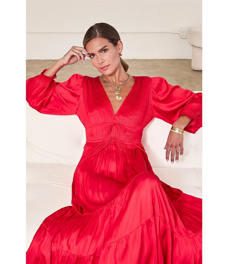 Current Air Pleated Satin V-Neck Long Sleeve Elastic Tie Waist A-Line Midi Dress