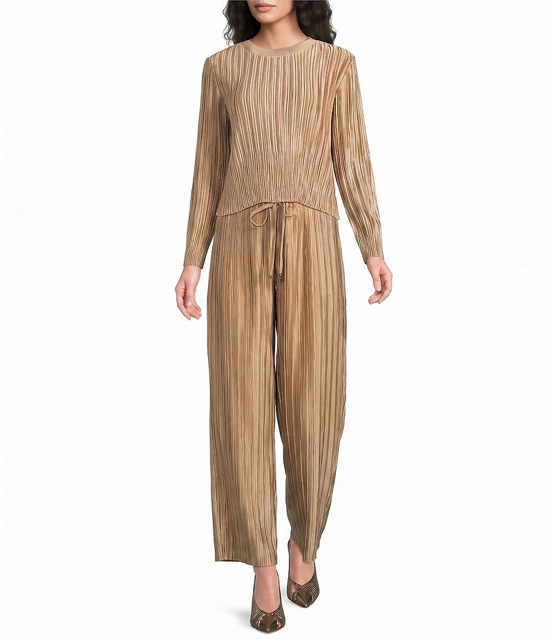 Current Air Pleated Satin Wide Leg Drawstring Waist Tie Pants