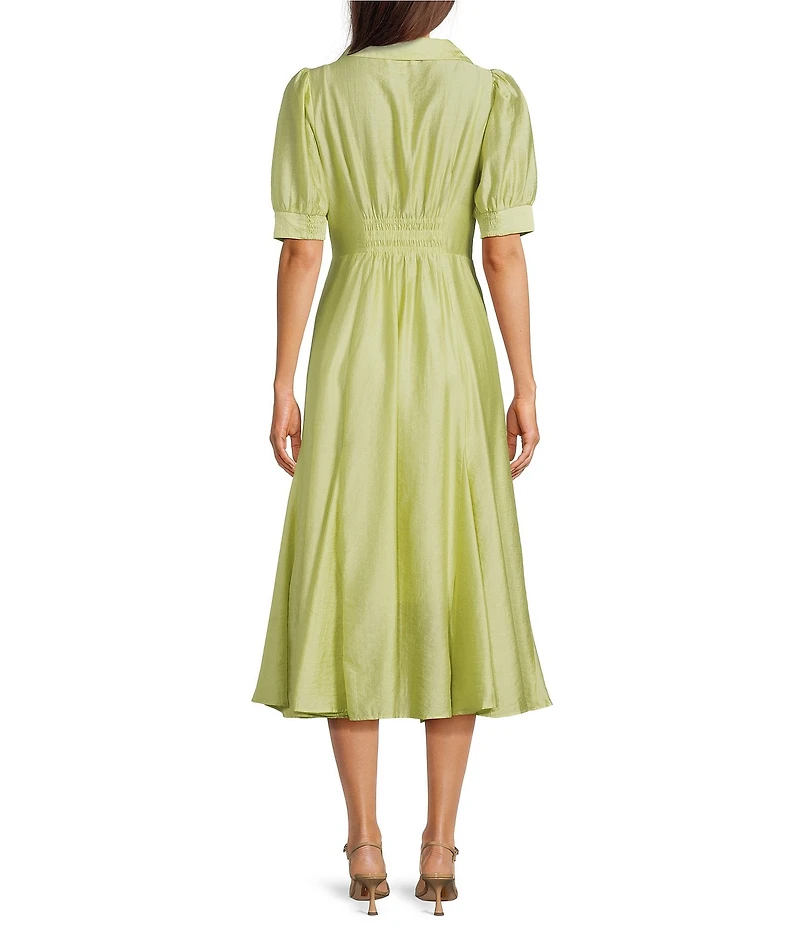 Current Air Pleated Tencel Blend Point Collar Short Puff Sleeve Button Front A-Line Midi Dress