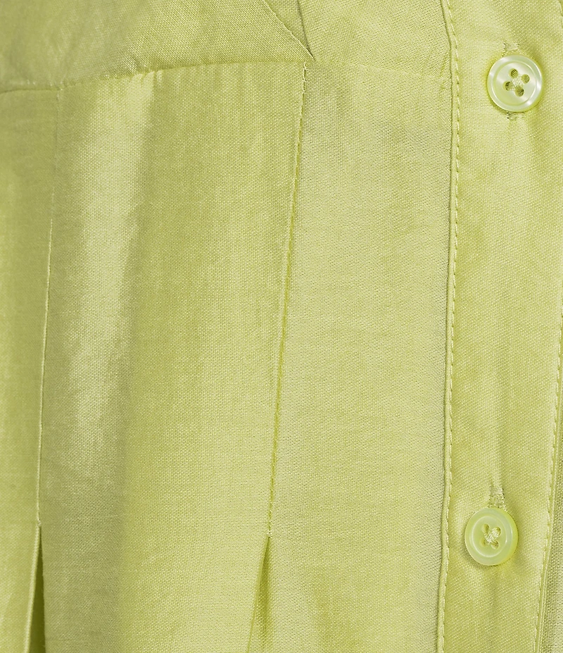 Current Air Pleated Tencel Blend Point Collar Short Puff Sleeve Button Front A-Line Midi Dress