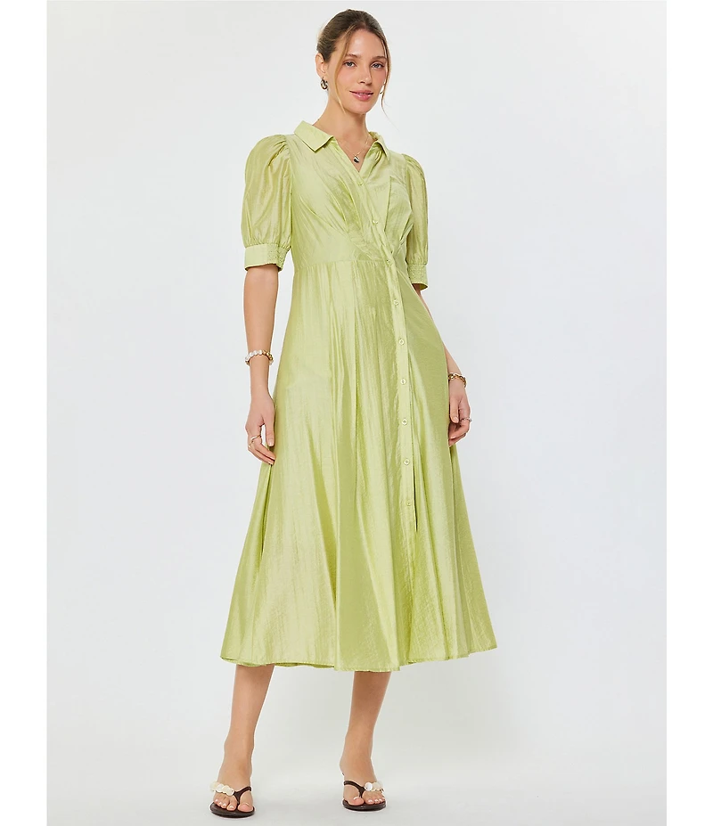 Current Air Pleated Tencel Blend Point Collar Short Puff Sleeve Button Front A-Line Midi Dress