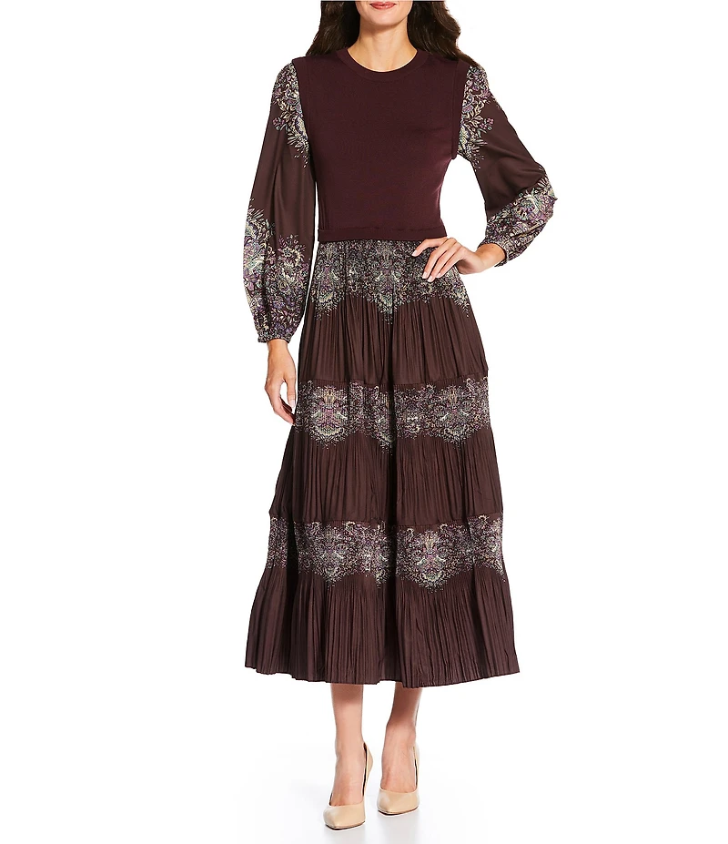 Current Air Pleated Tiered Crew Neck Long Sleeve Twofer Midi Dress
