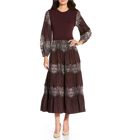 Current Air Pleated Tiered Crew Neck Long Sleeve Twofer Midi Dress