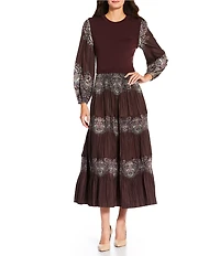 Current Air Pleated Tiered Crew Neck Long Sleeve Twofer Midi Dress
