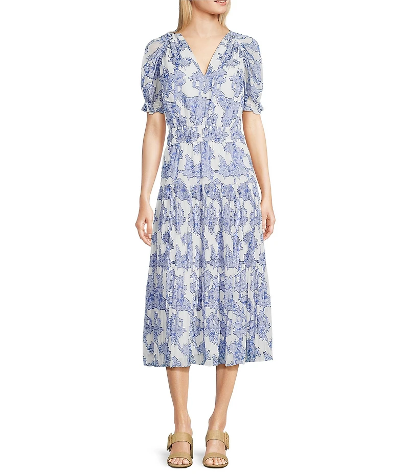 Current Air Pleated V-Neck Short Sleeve Midi Dress
