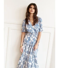 Current Air Pleated V-Neck Short Sleeve Midi Dress