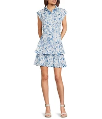 Current Air Point Collar Cap Sleeve Floral Print Mini Dress