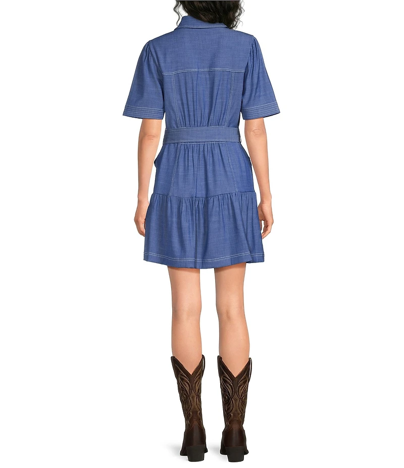 Current Air Point Collar Short Sleeve Drop Waist Mini Dress