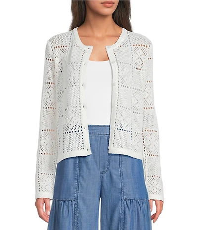 Current Air Pointelle Knit Round Neck Long Sleeve Button Front Cardigan