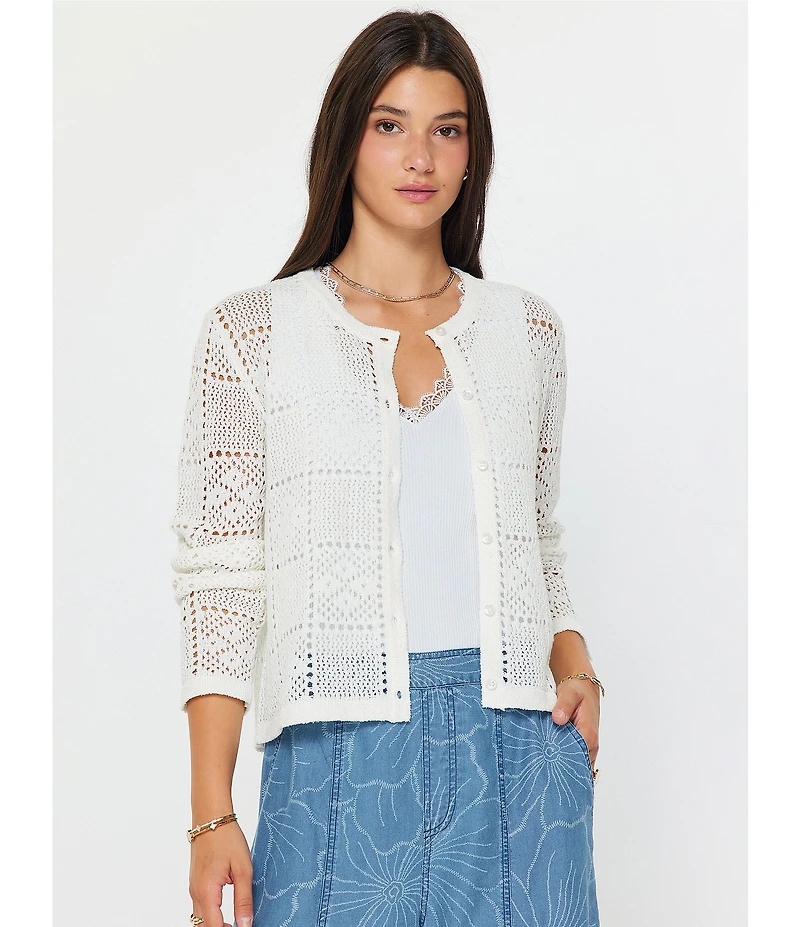 Current Air Pointelle Knit Round Neck Long Sleeve Button Front Cardigan