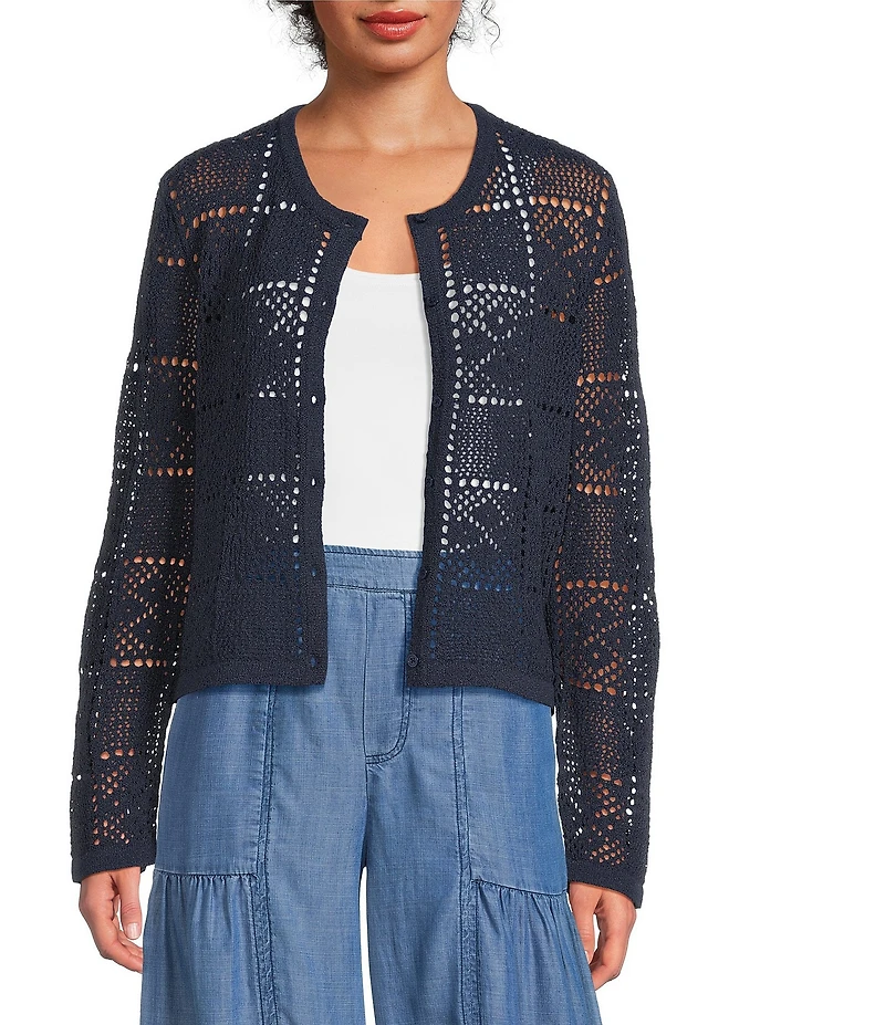 Current Air Pointelle Knit Round Neck Long Sleeve Button Front Cardigan