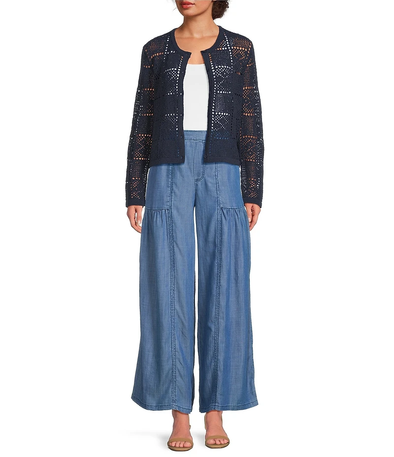 Current Air Pointelle Knit Round Neck Long Sleeve Button Front Cardigan