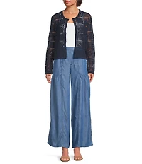 Current Air Pointelle Knit Round Neck Long Sleeve Button Front Cardigan