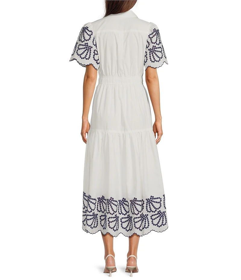 Current Air Poplin Collared Split V-Neck Short Sleeve Scalloped Embroidered A-Line Midi Dress