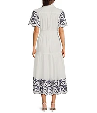Current Air Poplin Collared Split V-Neck Short Sleeve Scalloped Embroidered A-Line Midi Dress