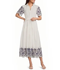 Current Air Poplin Collared Split V-Neck Short Sleeve Scalloped Embroidered A-Line Midi Dress