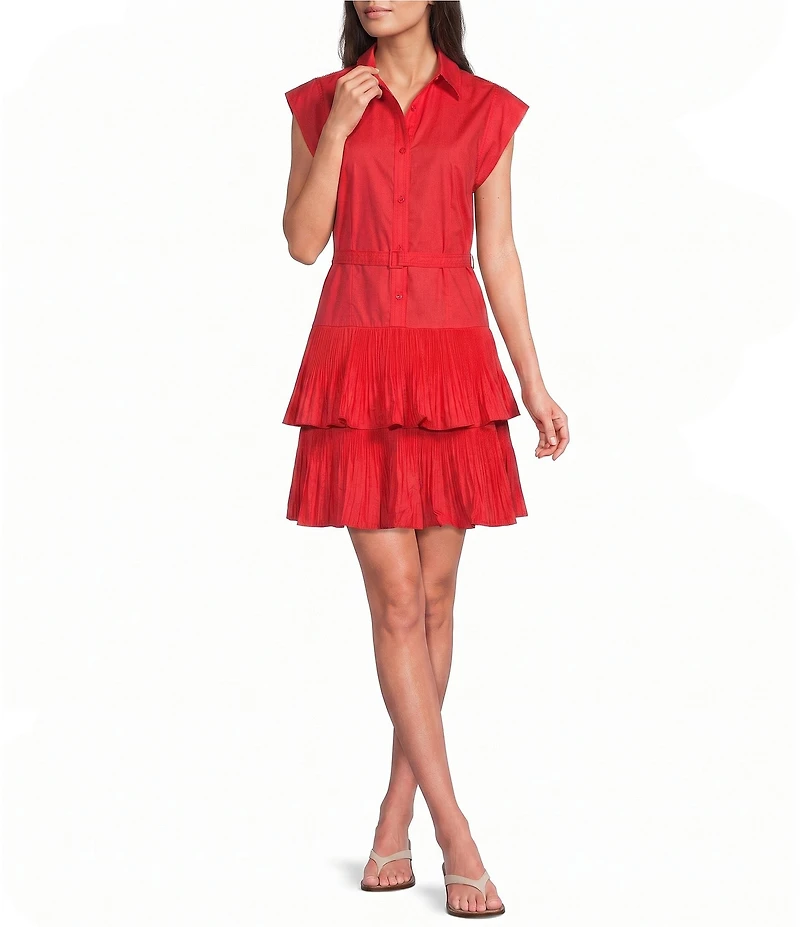 Current Air Poplin Point Collar Cap Sleeve Drop Waist Pleated Tiered Mini Dress