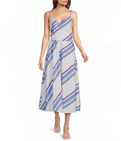 Current Air Poplin Stripe Surplice V-Neck Sleeveless A-Line Midi Sundress