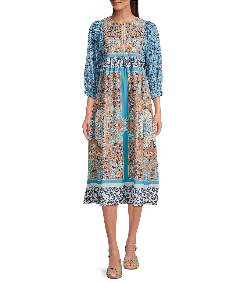 Current Air Printed Split Round Neck 3/4 Dolman Sleeve Empire Waist Midi Dress