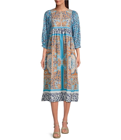 Current Air Printed Split Round Neck 3/4 Dolman Sleeve Empire Waist Midi Dress