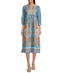 Current Air Printed Split Round Neck 3/4 Dolman Sleeve Empire Waist Midi Dress