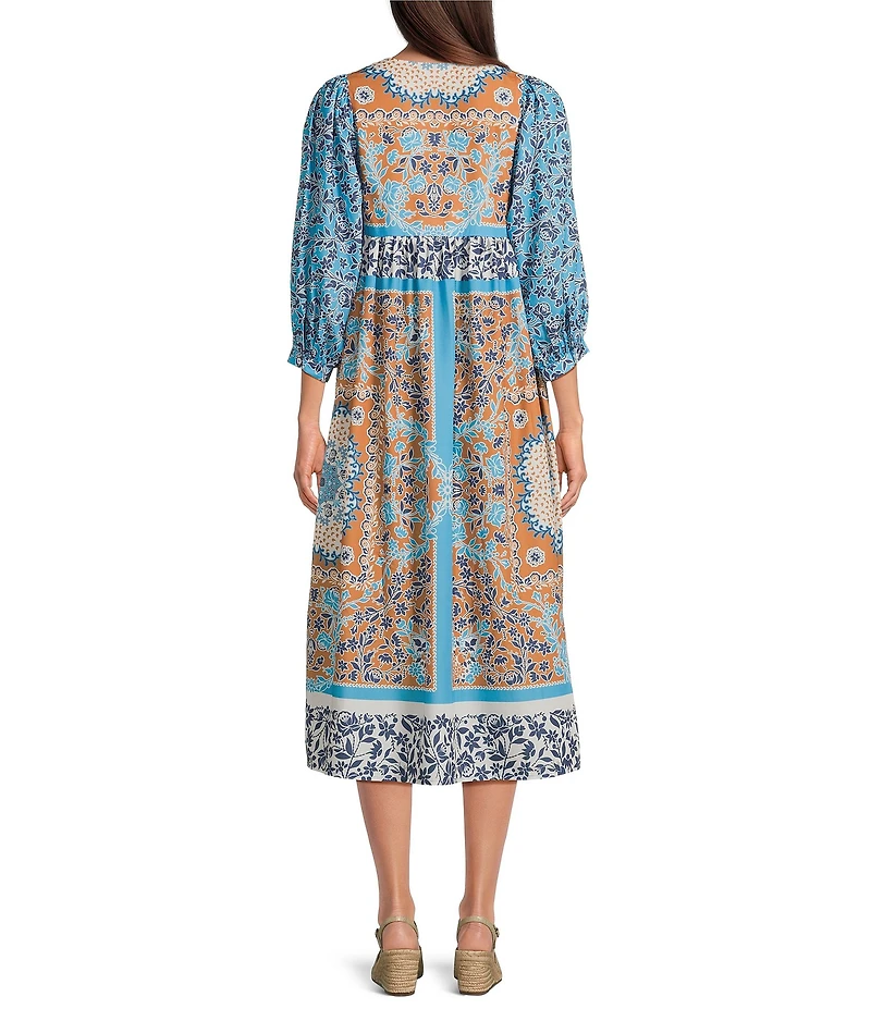 Current Air Printed Split Round Neck 3/4 Dolman Sleeve Empire Waist Midi Dress