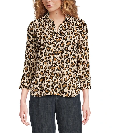Current Air Rhinestone Leopard Point Collar 3/4 Sleeve Button Front Top