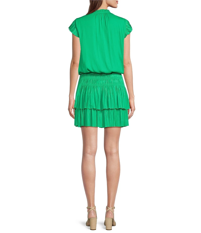 Current Air Ruffle Split Neck Flutter Sleeve Smocked Waist Mini Dress