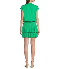 Current Air Ruffle Split Neck Flutter Sleeve Smocked Waist Mini Dress