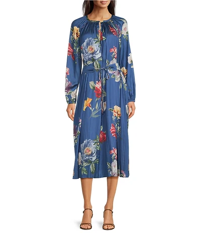 Current Air Satin Floral Print Split Round Neck Long Sleeve Tie Front Midi Dress