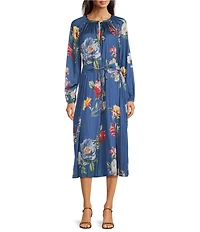 Current Air Satin Floral Print Split Round Neck Long Sleeve Tie Front Midi Dress