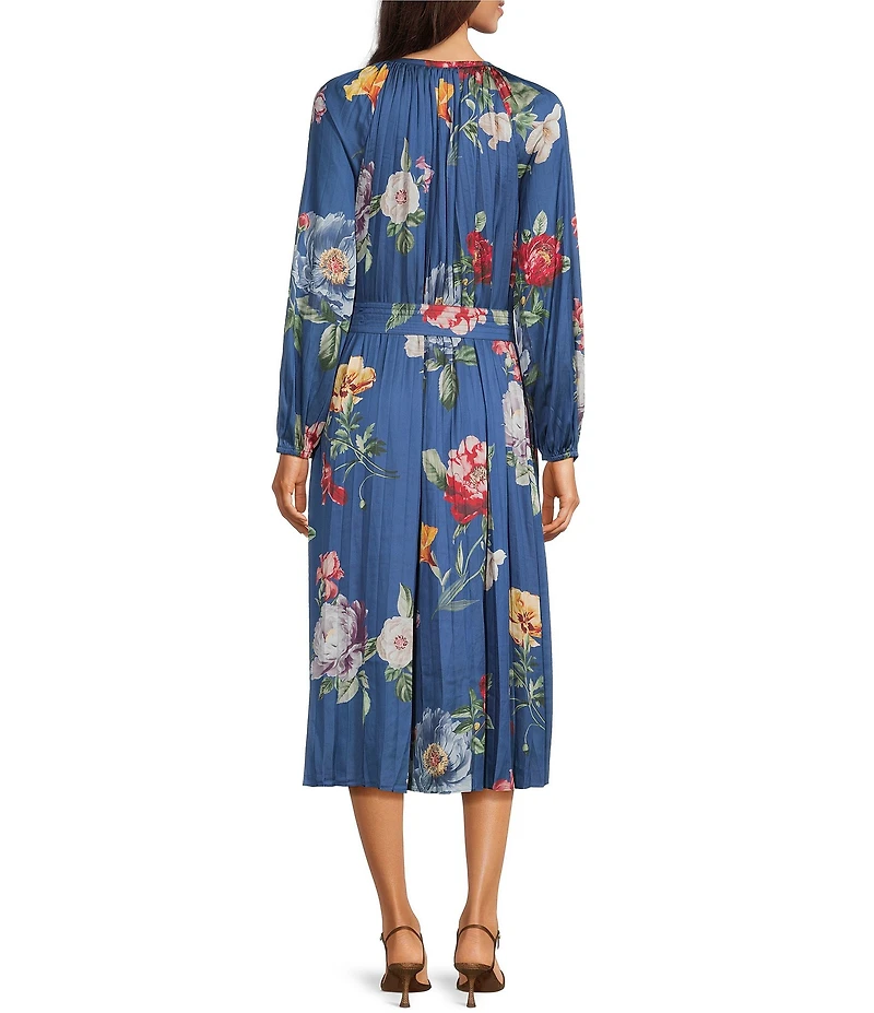 Current Air Satin Floral Print Split Round Neck Long Sleeve Tie Front Midi Dress
