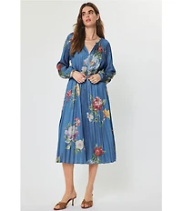 Current Air Satin Floral Print Split Round Neck Long Sleeve Tie Front Midi Dress