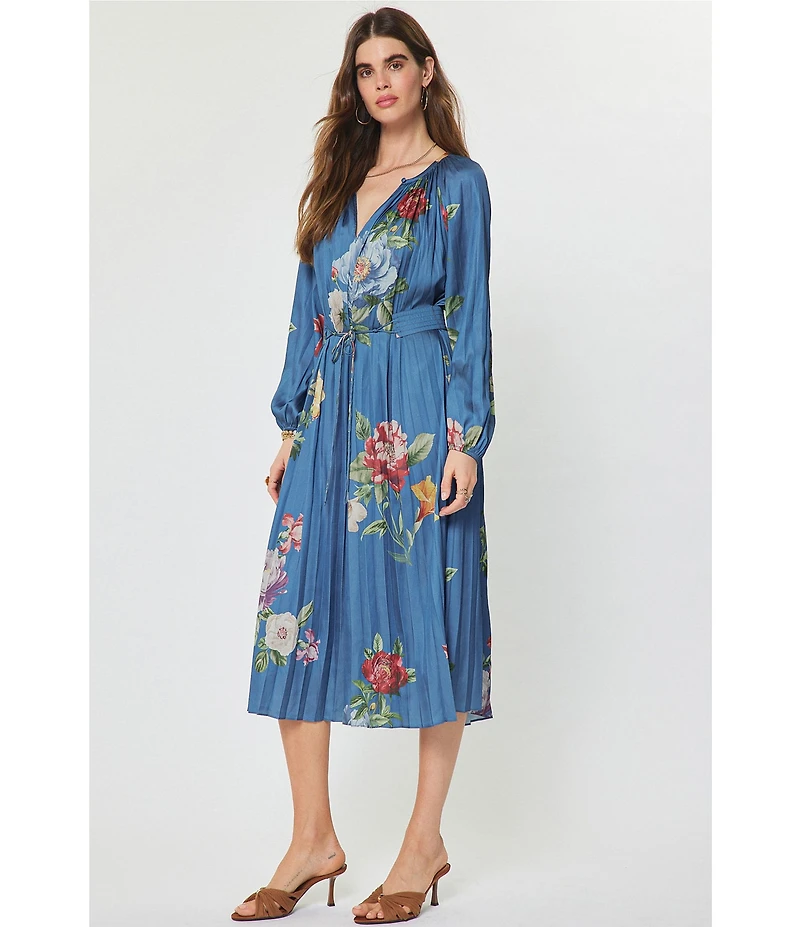 Current Air Satin Floral Print Split Round Neck Long Sleeve Tie Front Midi Dress