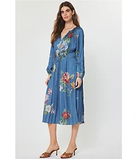 Current Air Satin Floral Print Split Round Neck Long Sleeve Tie Front Midi Dress