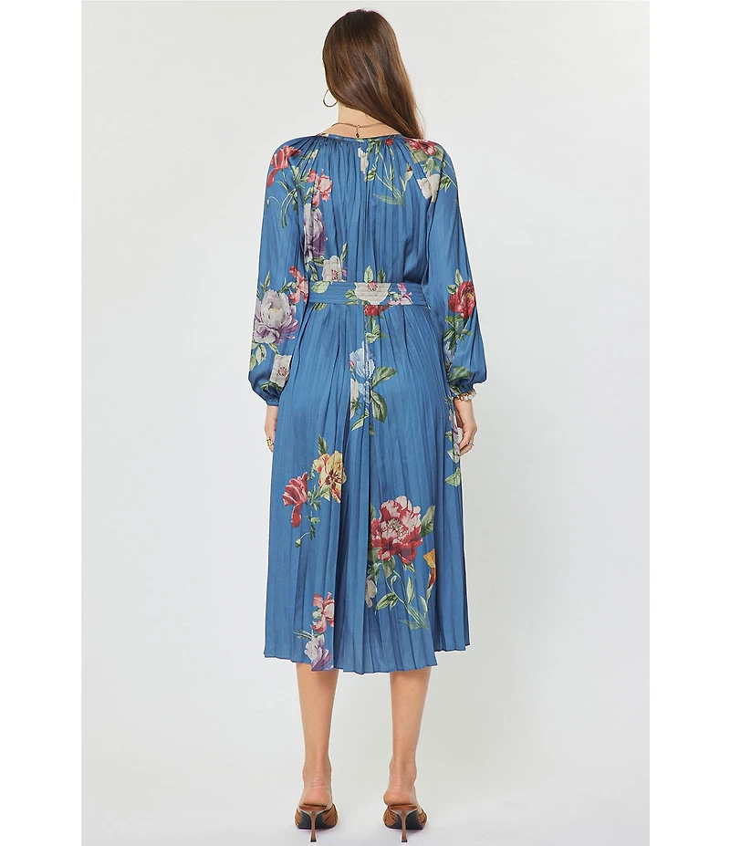 Current Air Satin Floral Print Split Round Neck Long Sleeve Tie Front Midi Dress