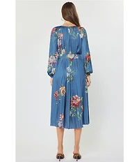 Current Air Satin Floral Print Split Round Neck Long Sleeve Tie Front Midi Dress