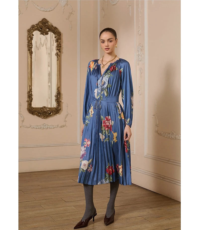 Current Air Satin Floral Print Split Round Neck Long Sleeve Tie Front Midi Dress