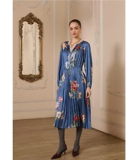Current Air Satin Floral Print Split Round Neck Long Sleeve Tie Front Midi Dress