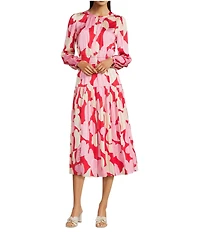 Current Air Satin Heart Motif Pleated Crew Neck Long Sleeve A-Line Midi Dress