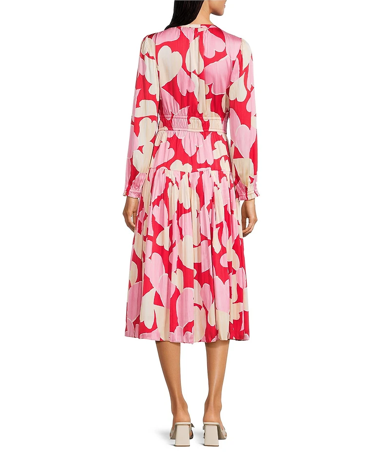 Current Air Satin Heart Motif Pleated Crew Neck Long Sleeve A-Line Midi Dress