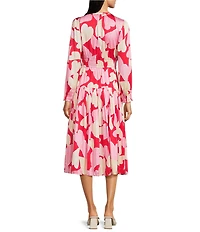 Current Air Satin Heart Motif Pleated Crew Neck Long Sleeve A-Line Midi Dress