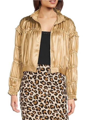 Current Air Satin Shirred Stand Collar Long Sleeve Zip Front Jacket