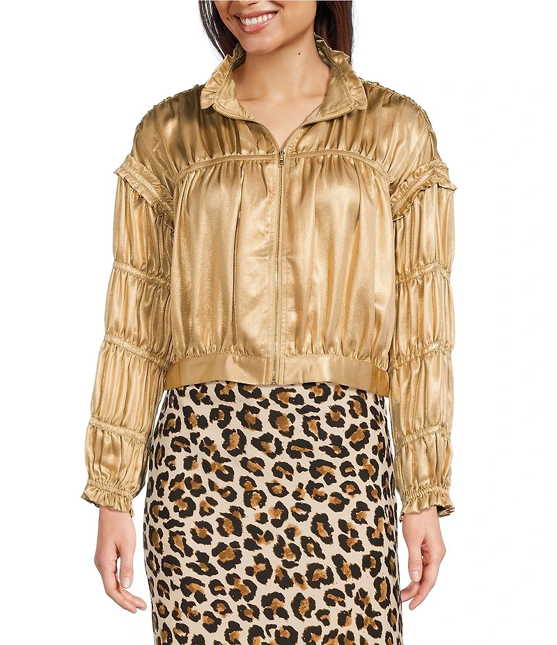 Current Air Satin Shirred Stand Collar Long Sleeve Zip Front Jacket