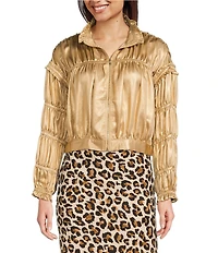 Current Air Satin Shirred Stand Collar Long Sleeve Zip Front Jacket