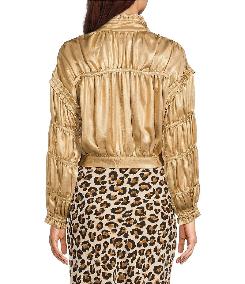 Current Air Satin Shirred Stand Collar Long Sleeve Zip Front Jacket