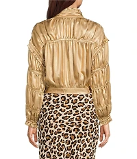 Current Air Satin Shirred Stand Collar Long Sleeve Zip Front Jacket