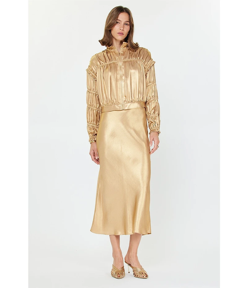 Current Air Satin Shirred Stand Collar Long Sleeve Zip Front Jacket