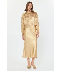 Current Air Satin Shirred Stand Collar Long Sleeve Zip Front Jacket