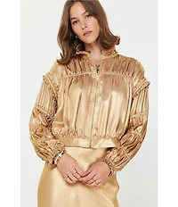 Current Air Satin Shirred Stand Collar Long Sleeve Zip Front Jacket